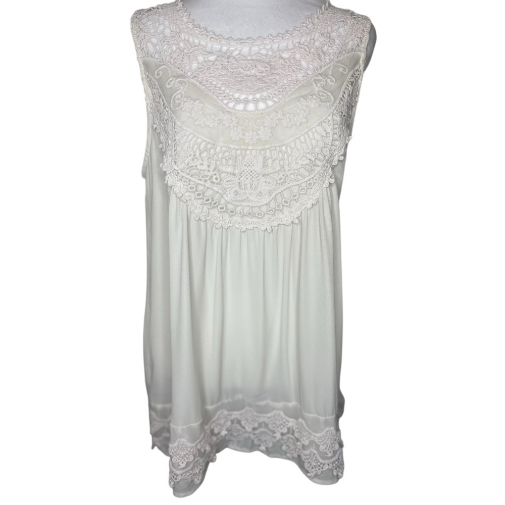 Wishlist White Lace Tunic Eyelet Sheer Keyhole Closure Sleeveless Summer Top Lg